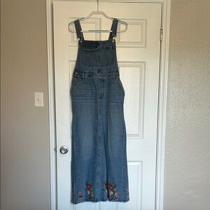 Denim Overall Dress with Floral Embroidery